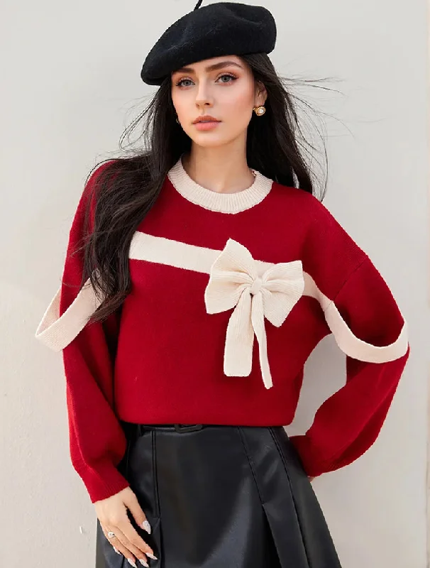 Christmas Wrapping Red Bow Winter Patchwork Soft Long Sleeve Christmas Sweater