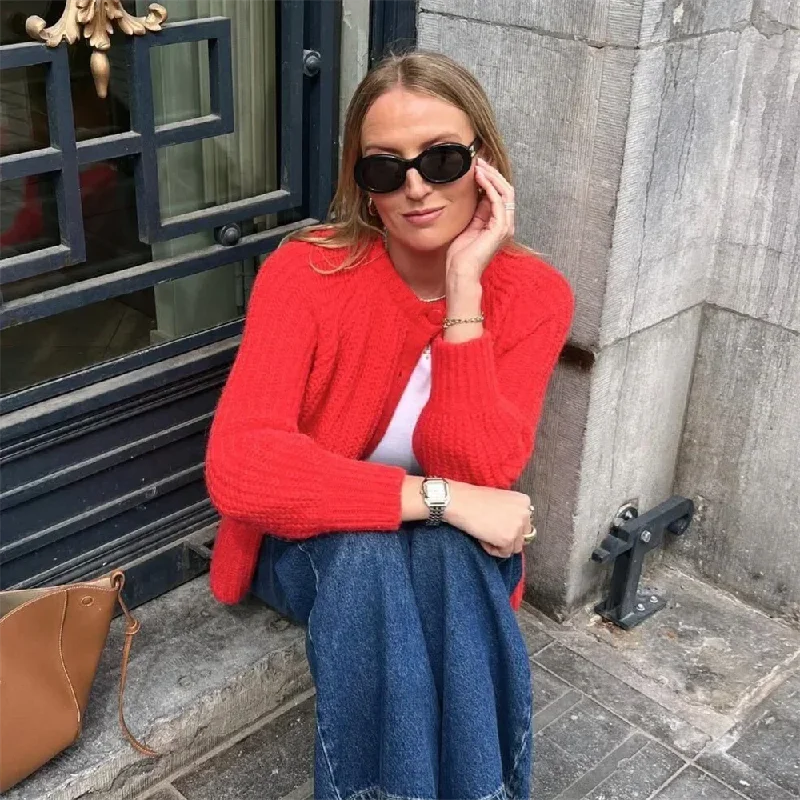 Christmas Presents Red Christmas Sweater - Short Cardigan with Round Neck and Long Sleeves