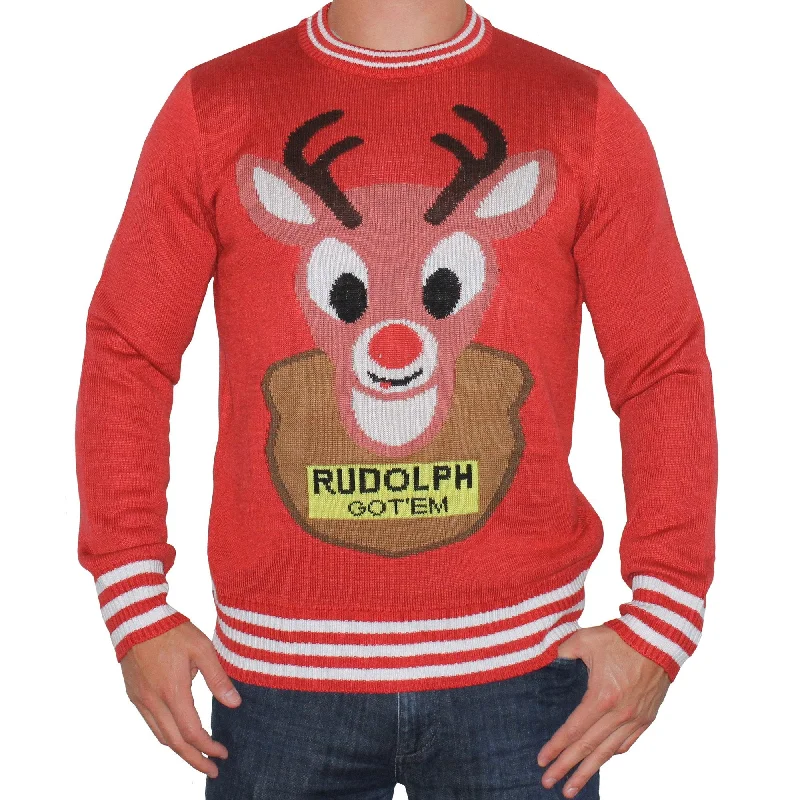 Red Christmas Sweater with Mounted Rudolph Bad Sweater