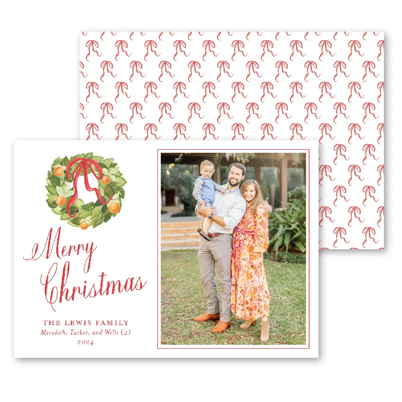 Christmas Fireplace Decor 'Red Citrus Wreath' Holiday Card | Horizontal