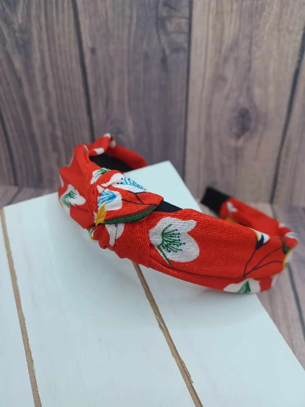 Christmas Sparkly Fairy Lights Red Floral Style Headband w/ Top Knot