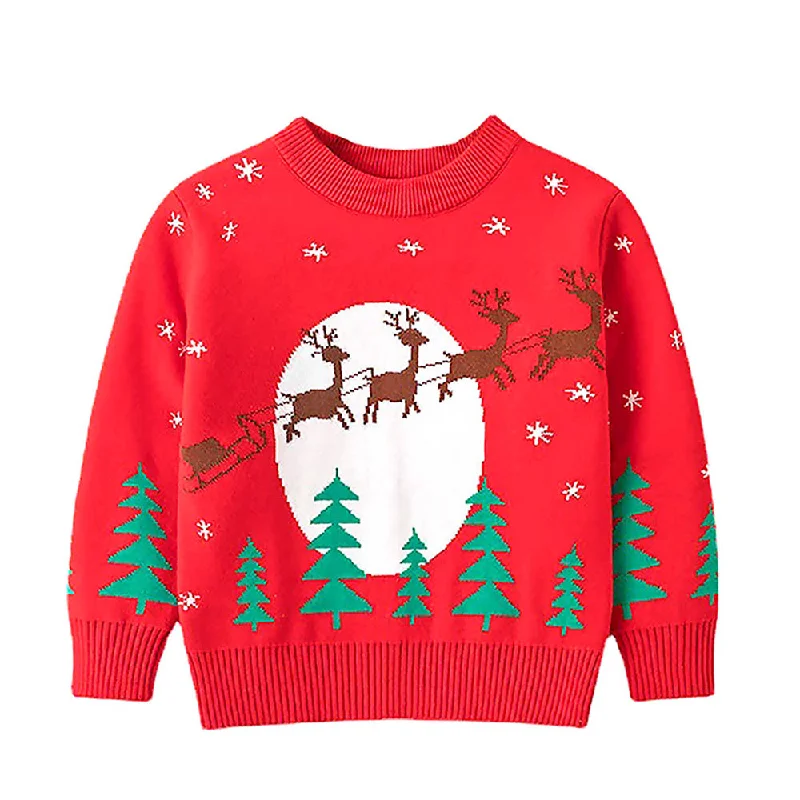 Red Flying Sleigh Knitted Christmas cardigan Sweater for Kids