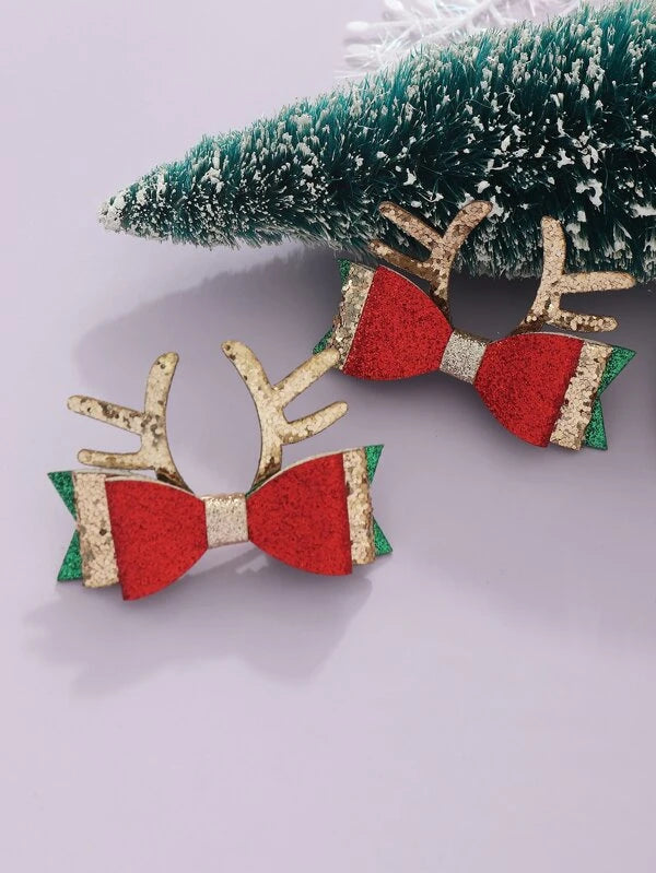 Christmas Stocking Stuffers Red, Gold, & Green Antler Hair Clip Set