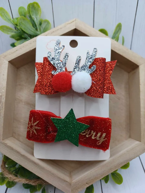Christmas Storytelling Around Fire Red & Silver Reindeer Hair Accessory Set