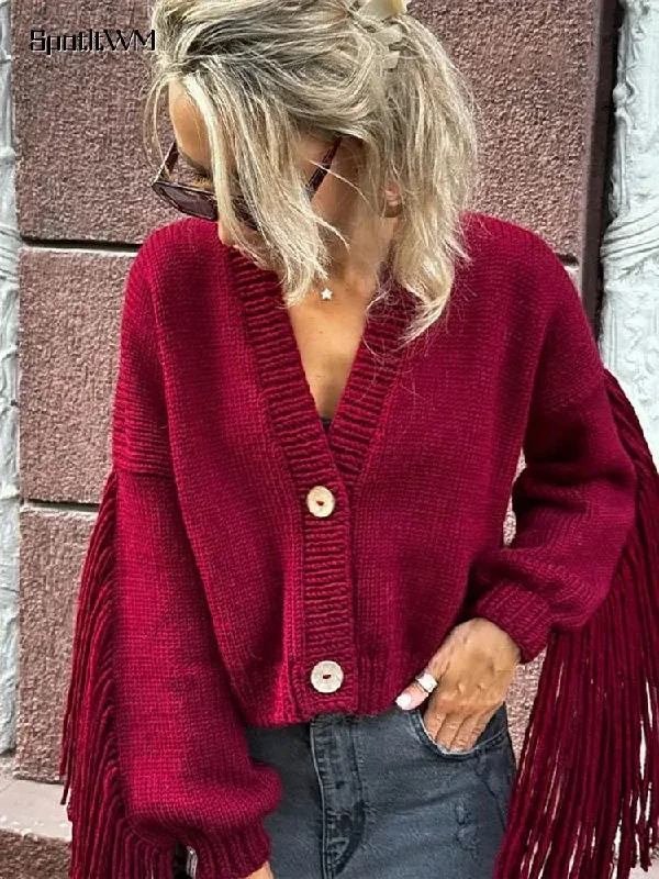 Christmas Garland Red Tassels Patchwork V Neck Christmas Sweater