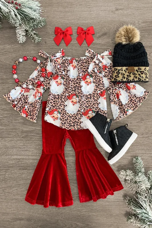 Christmas Glittering Snowy Roofs Red Velvet Cheetah Santa Bell Bottom Set