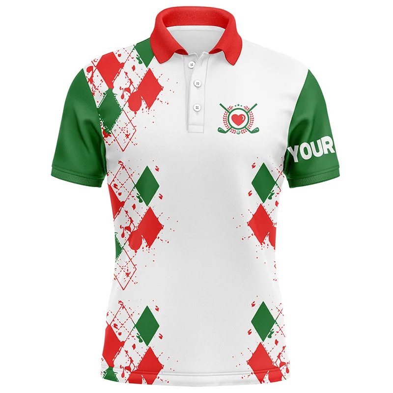 Red, white and green Christmas argyle pattern Mens golf polo shirts custom Xmas golf tops for mens NQS6640 Red, white and green Christmas argyle pattern Mens golf polo shirts custom Xmas golf tops for mens NQS6640