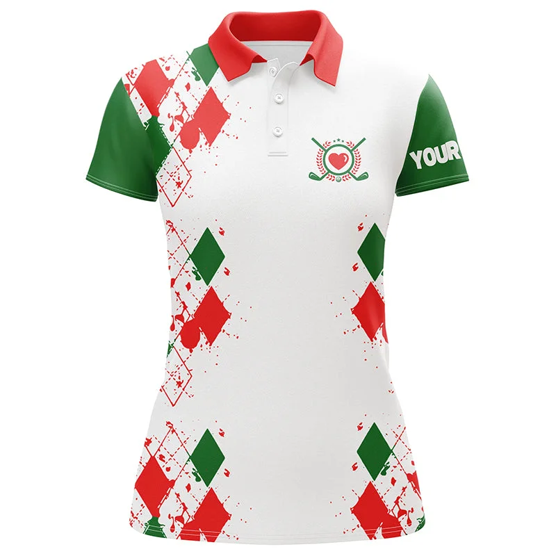 Red, white and green Christmas argyle pattern Womens golf polo shirt custom golf tops for ladies NQS6640 Red, white and green Christmas argyle pattern Womens golf polo shirt custom golf tops for ladies NQS6640