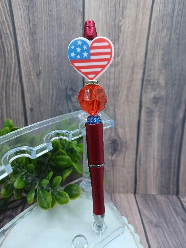 Christmas Snowy Mountains Red, White, & Blue American Flag Beaded Ink Pen - Heart