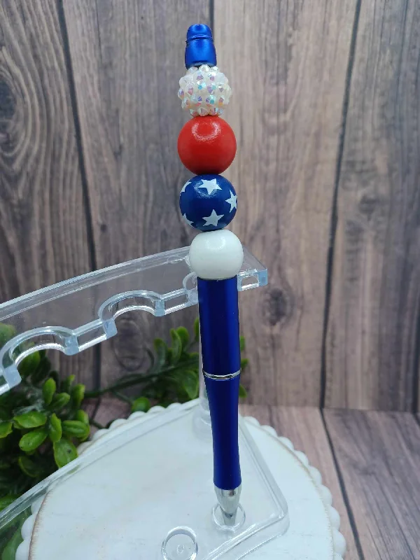 Christmas Magical Traditions Red, White, & Blue Beaded Ink Pen - White, Red, Stars, White Beading