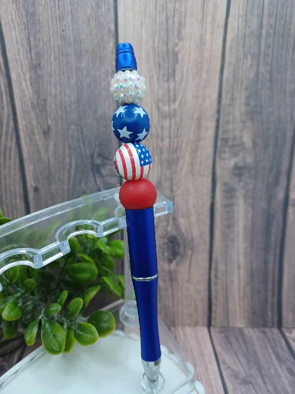 Christmas Classic Fireplace Setting Red, White, & Blue Beaded Ink Pen - White, Stars, Flag, Red Beading