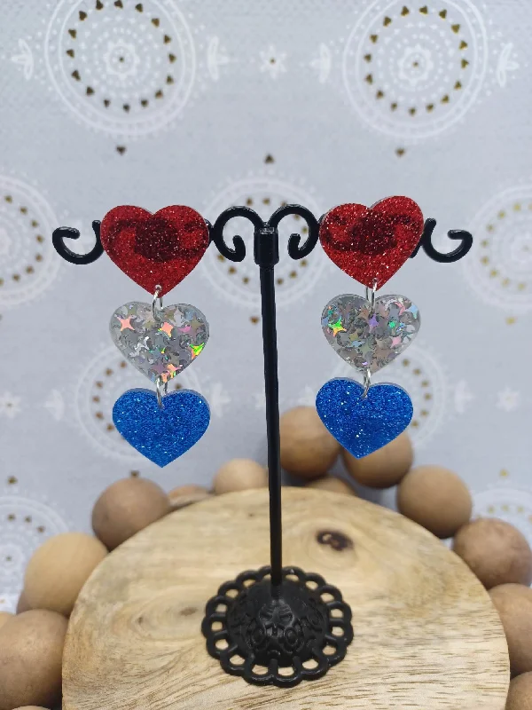 Christmas Snowflake Magic Red, White, & Blue Glitter Heart Earrings
