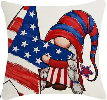 Christmas Wishes Red, White, & Blue Gnome Holding a Star Pillow Cover