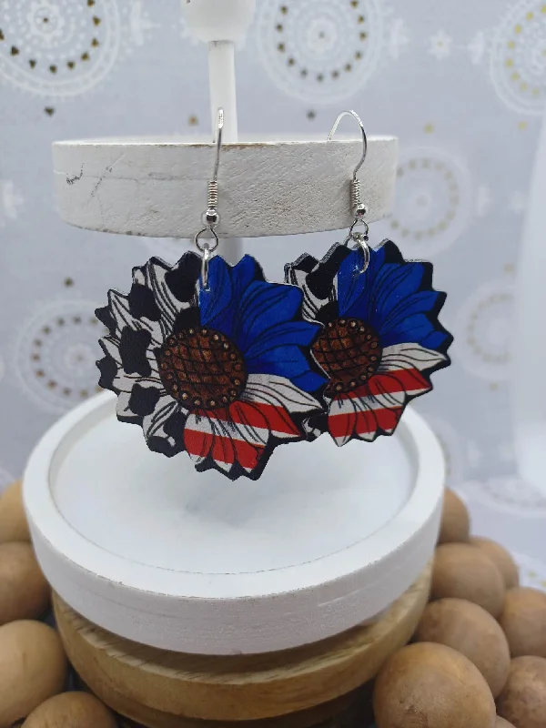 Christmas Homemade Gingerbread Red, White, Blue Sunflower Earrings w/ Cow Print