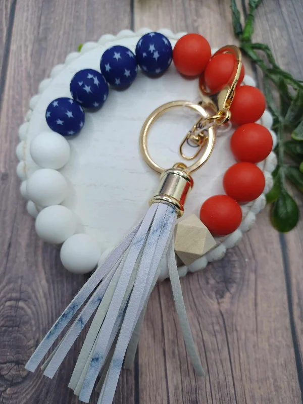 Red, White, & Blue w/ Stars Beaded Keychain Wristlet w/ White Tassel