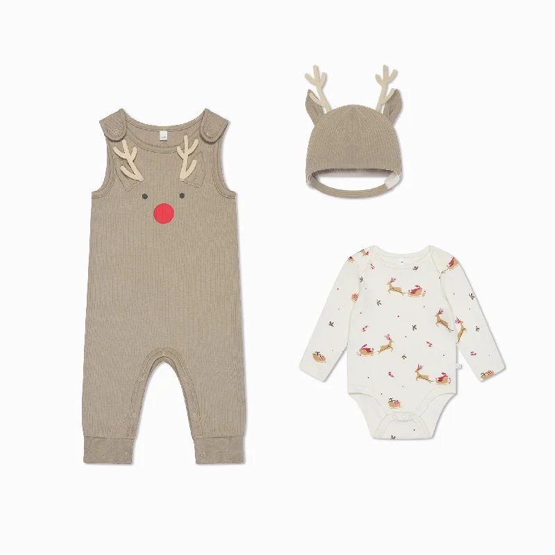 Christmas Gift Packing Station Reindeer Overalls, Bodysuit & Bonnet Outfit