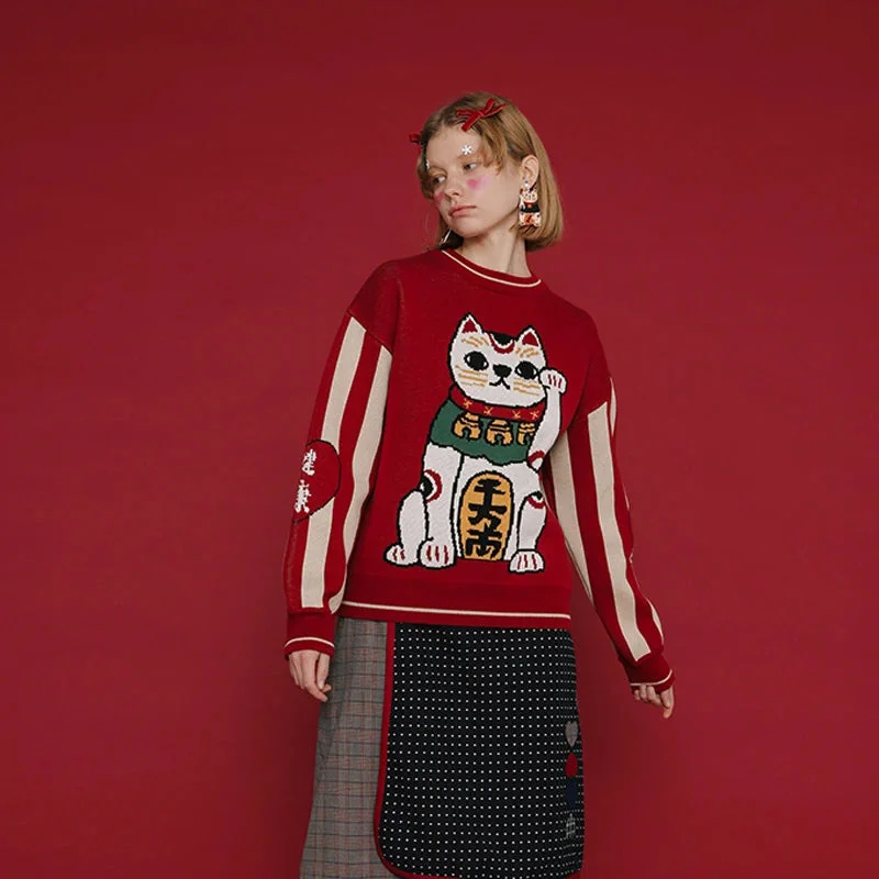 Christmas Holly Jolly Moments Retro Lucky Cat Red Cotton Christmas Sweater