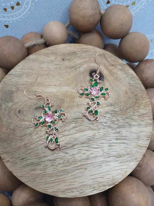 Christmas Cheerful Holiday Atmosphere Rose Gold Vinery Cross Earrings w/ Pink Rhinestones