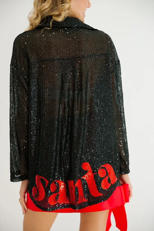 Christmas Crackling Wood Fire SANTA BLACK SEQUIN BUTTON DOWN