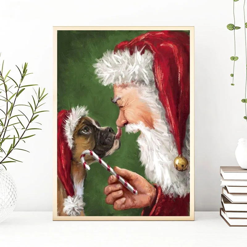 Holiday Cheer Santa Claus and Dog Canvas Painting