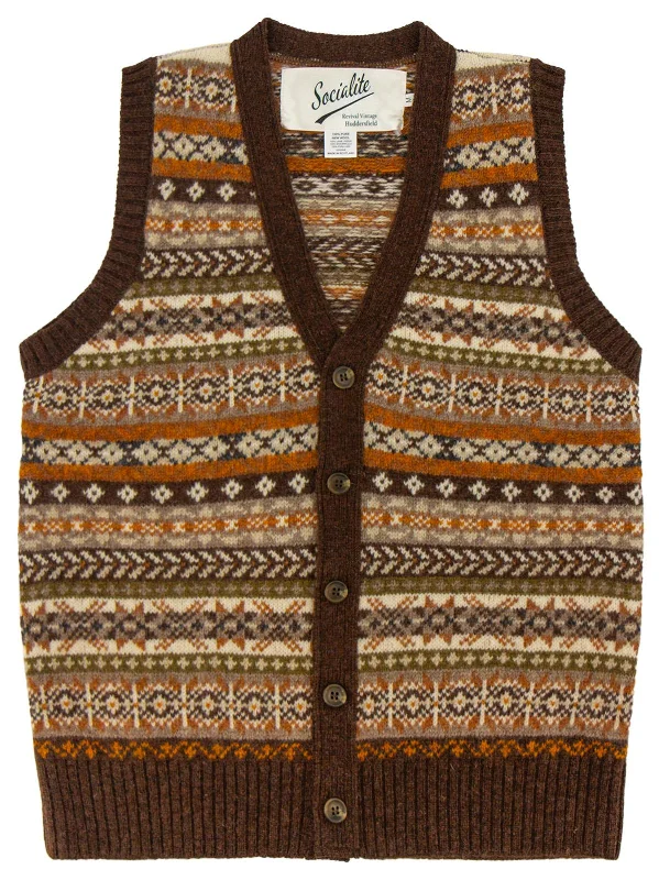 Christmas Homemade Gingerbread Scottish Wool Buttoned Fairisle Tank Top in Coffee Brown