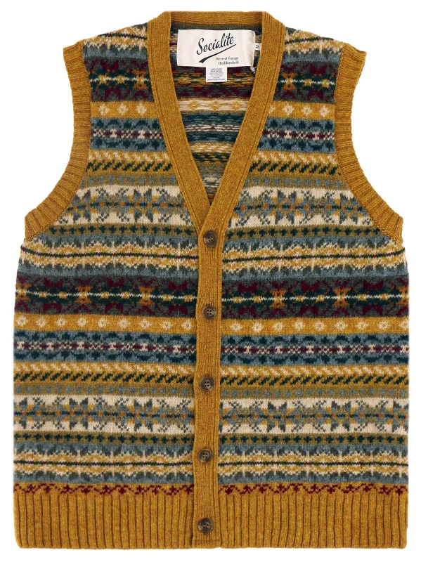Christmas Fireside Hot Drinks Scottish Wool Buttoned Fairisle Tank Top in Cumin Orange