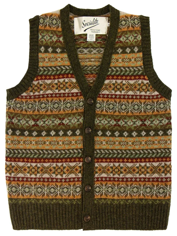 Christmas Gingerbread Scottish Wool Buttoned Fairisle Tank Top in Pine Green