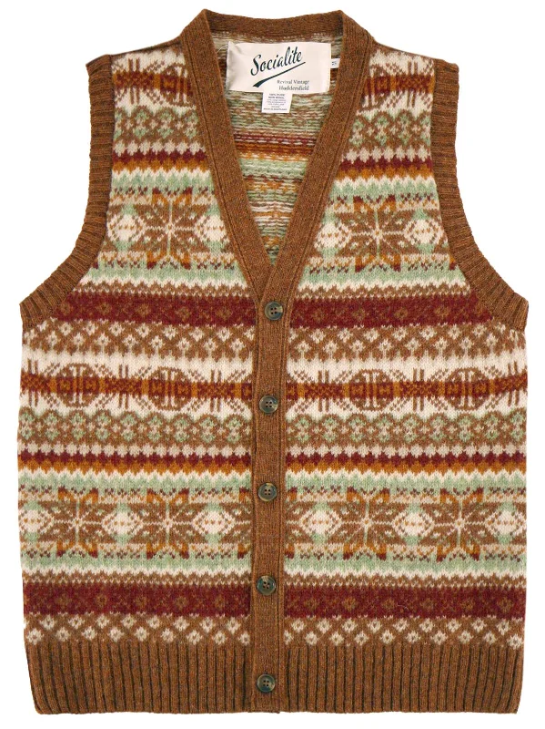 Scottish Wool Buttoned Fairisle Tank Top in Sienna Brown