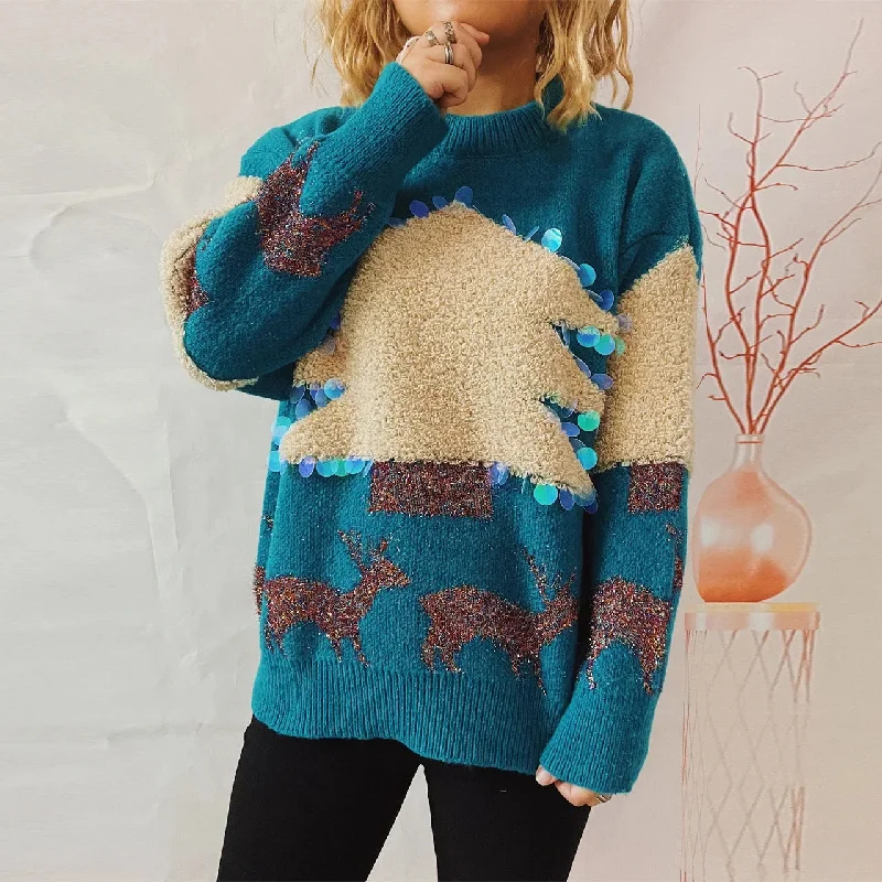 Christmas Winter Night Sky Sequins Christmas Tree Deer Jacquard Crew Neck Sweater