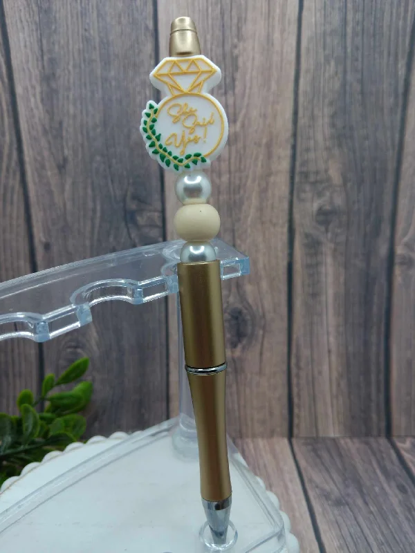 Christmas Ornaments She Said Yes Beaded Ink Pen - Gold & Pearl