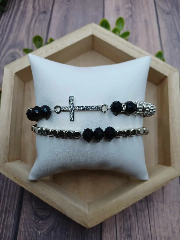 Christmas Crackling Bonfire Silver & Black Cross Bracelet Set