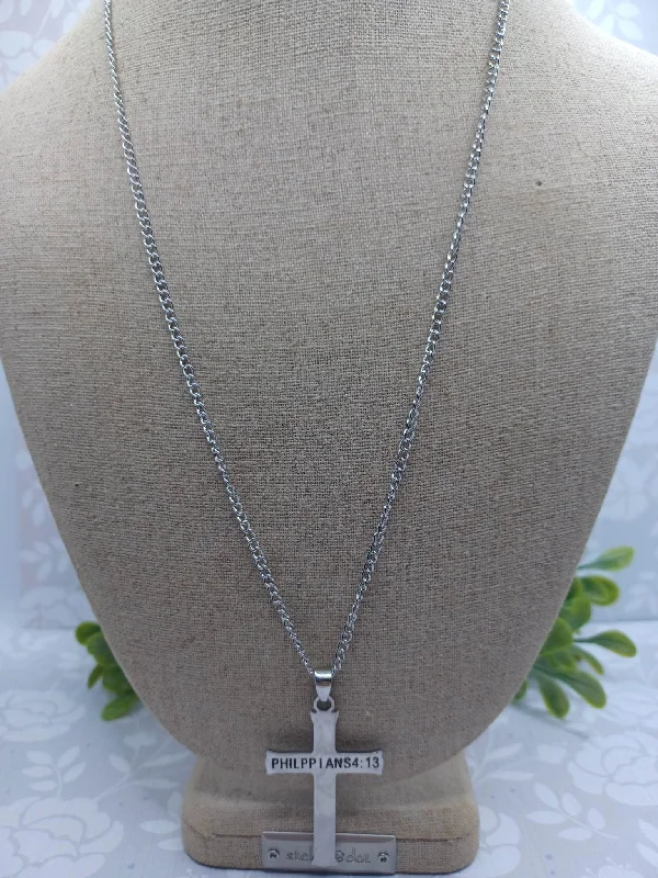 Christmas Shopping Silver Cross Necklace - I can Do all Things through Christ Who Strengthens Me