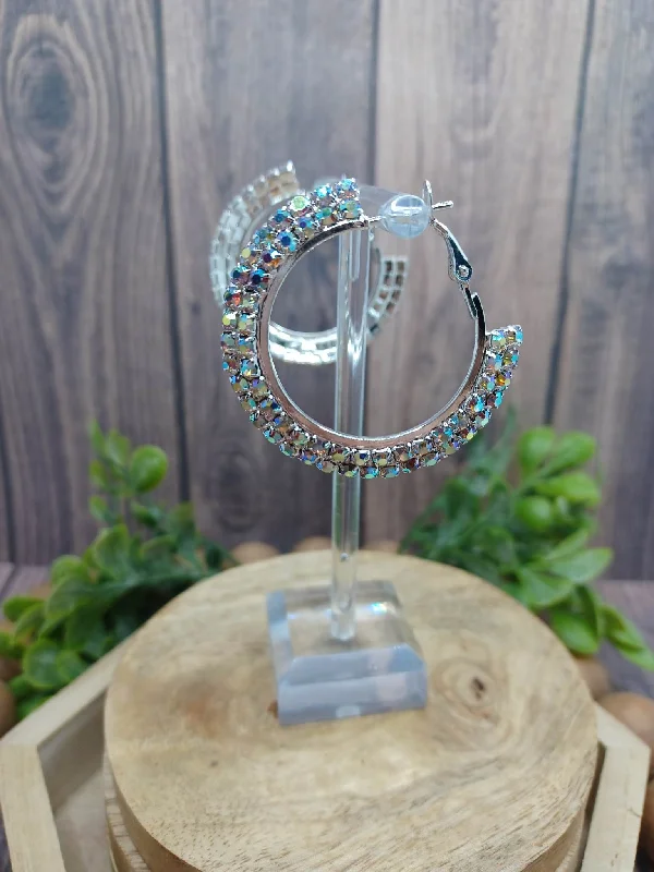 Christmas Holiday Fun Silver Hoop Earrings w/ Mermaid Rhinestones