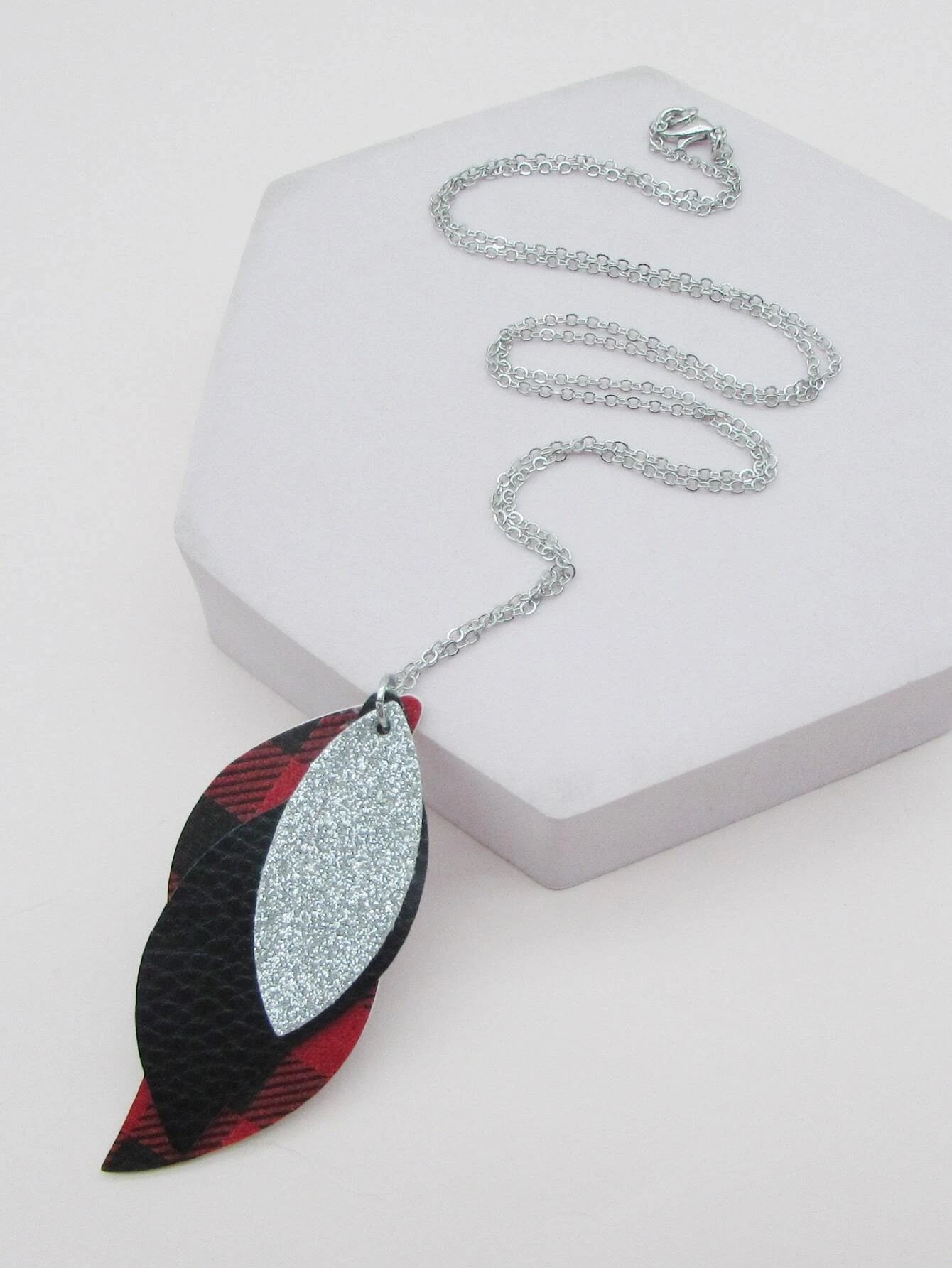 Christmas Pinecones Silver Necklace w/ Triple Layered Silver Glitter & Buffalo Plaid Pendant