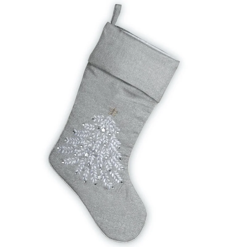Christmas Dinner 19 in. Silver Stocking with Christmas Tree Design