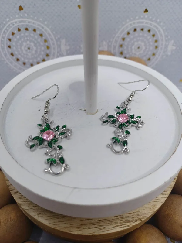 Christmas Crackling Bonfire Silver Vinery Cross Earrings w/ Pink Rhinestones
