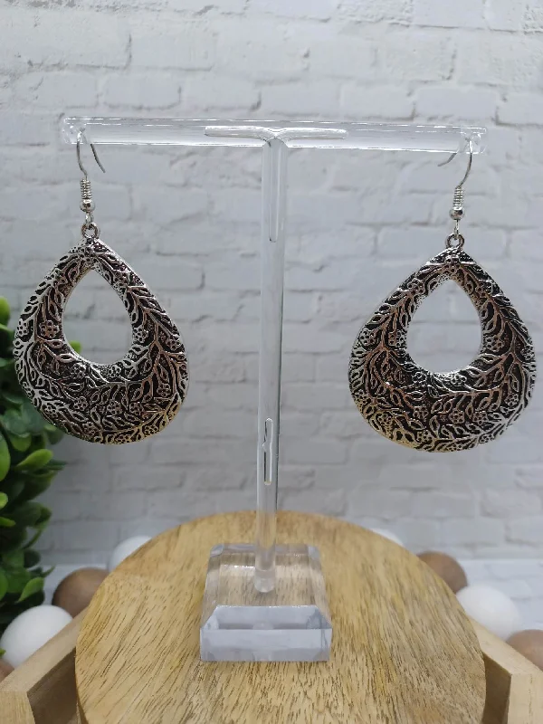 Christmas Frosted Christmas Trees Silver Wide Tear Drop Floral Style Earrings