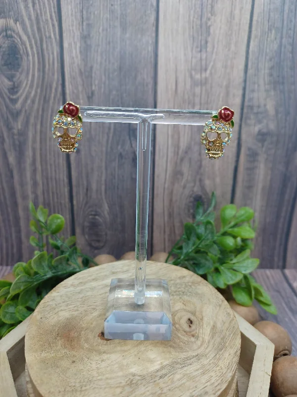 Christmas Mistletoe Skull Earrings w/ Mermaid Rhinestones & Rose