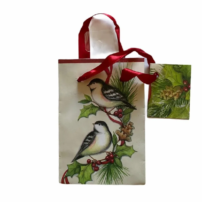 Christmas Handmade Pine Wreaths Small Chickadee and Holly Gift Bag