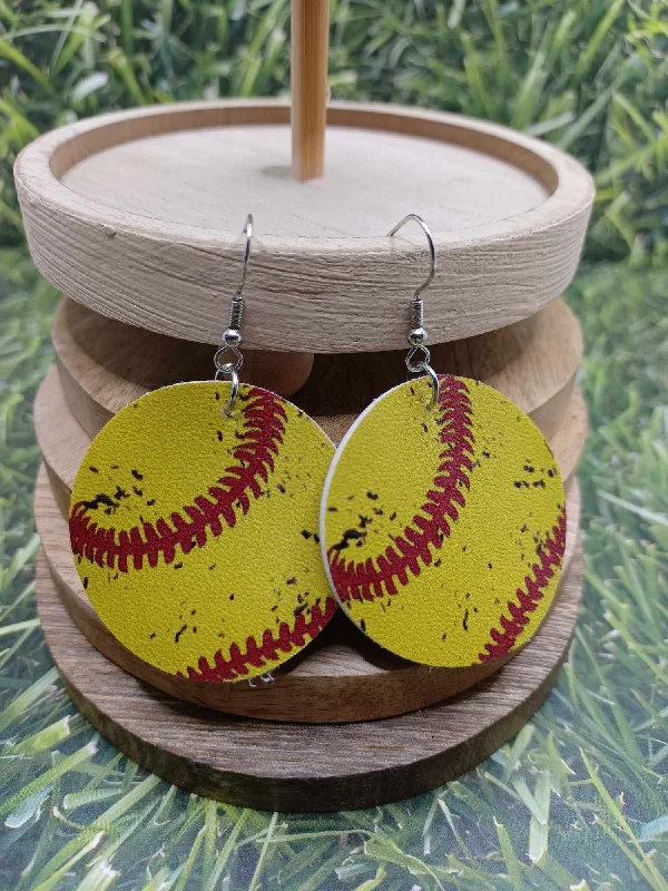 Softball Earrings w/ Worn Style Design