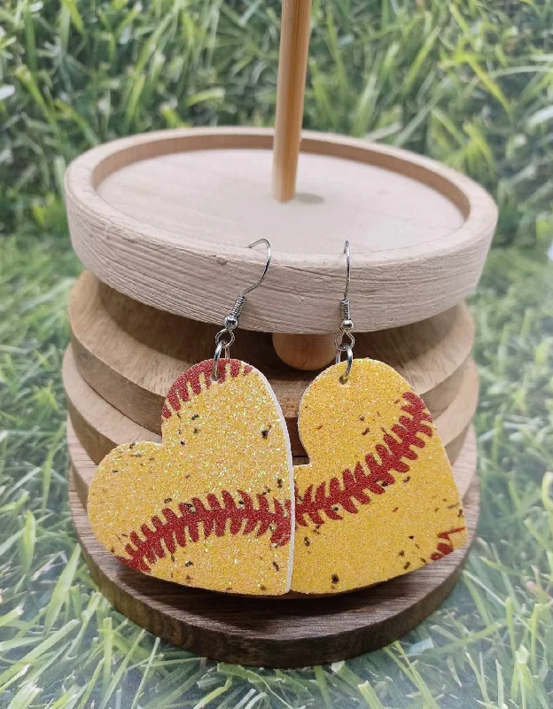 Softball Heart Glitter Earrings