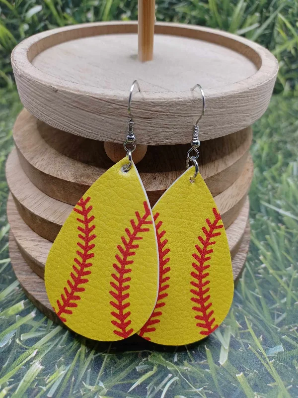 Softball Teardrop Shaped Leather Style Earrings