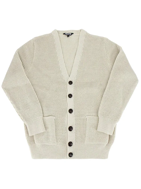 Stone Beige Waffle Knit V-Neck Vintage Style Cardigan