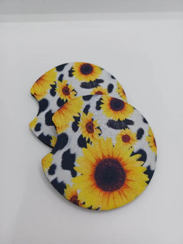 Christmas Movie Night Sunflower Cow Print Car Coaster Set