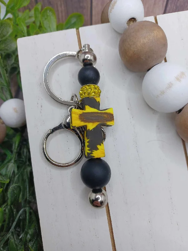 Sunflower Cross Beaded Keychain