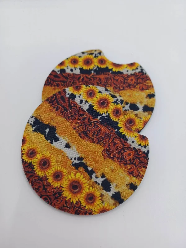 Christmas Church Service Sunflower, Gold, & Cow Print Car Coaster Set