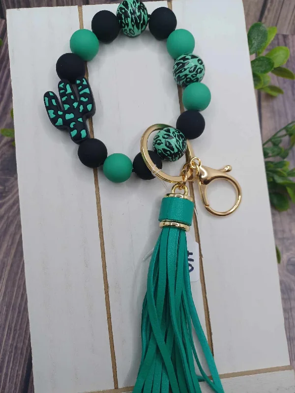 Teal Cactus Beaded Wristlet Keychain