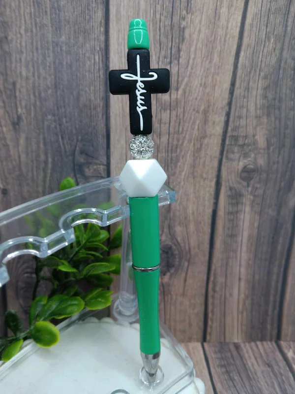 Holiday Lights Teal Jesus Beaded Ink Pen
