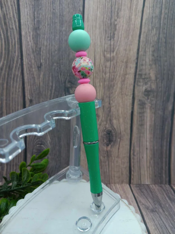 Christmas Music Teal & Pink Floral Themed Beaded Ink Pen