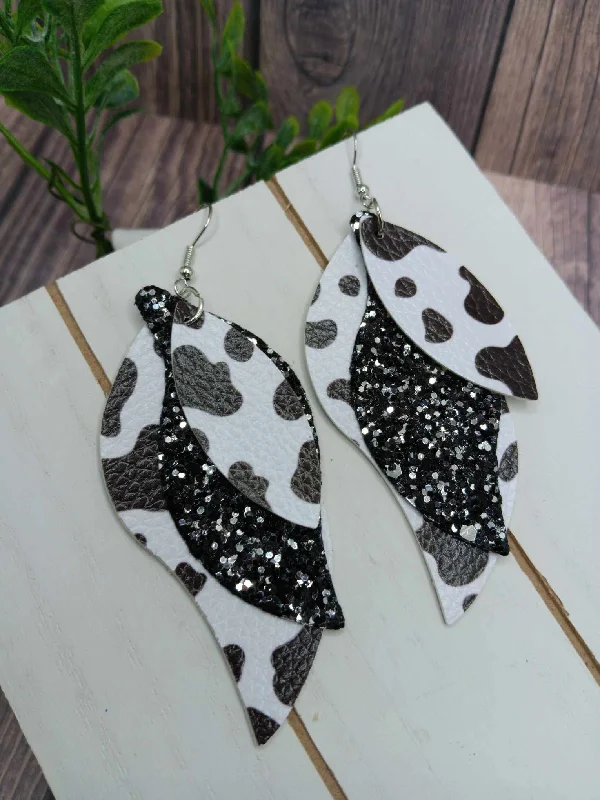 Christmas Festive Night Lights Triple Layered Cow Print & Glitter Leather Style Earrings